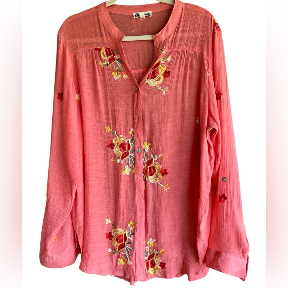 Hope Springs XXL Pink Embroidered Floral Button Down Delicate Blouse